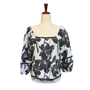 Tahari 100% Linen Black White Floral Top Square Neck Embroidered Size M Tropical